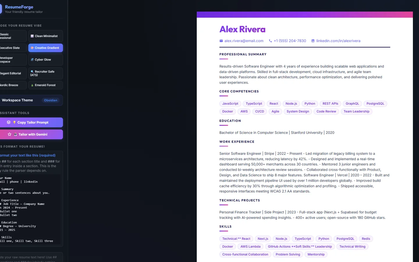 Resume Showcase website, screenshot of the live site
